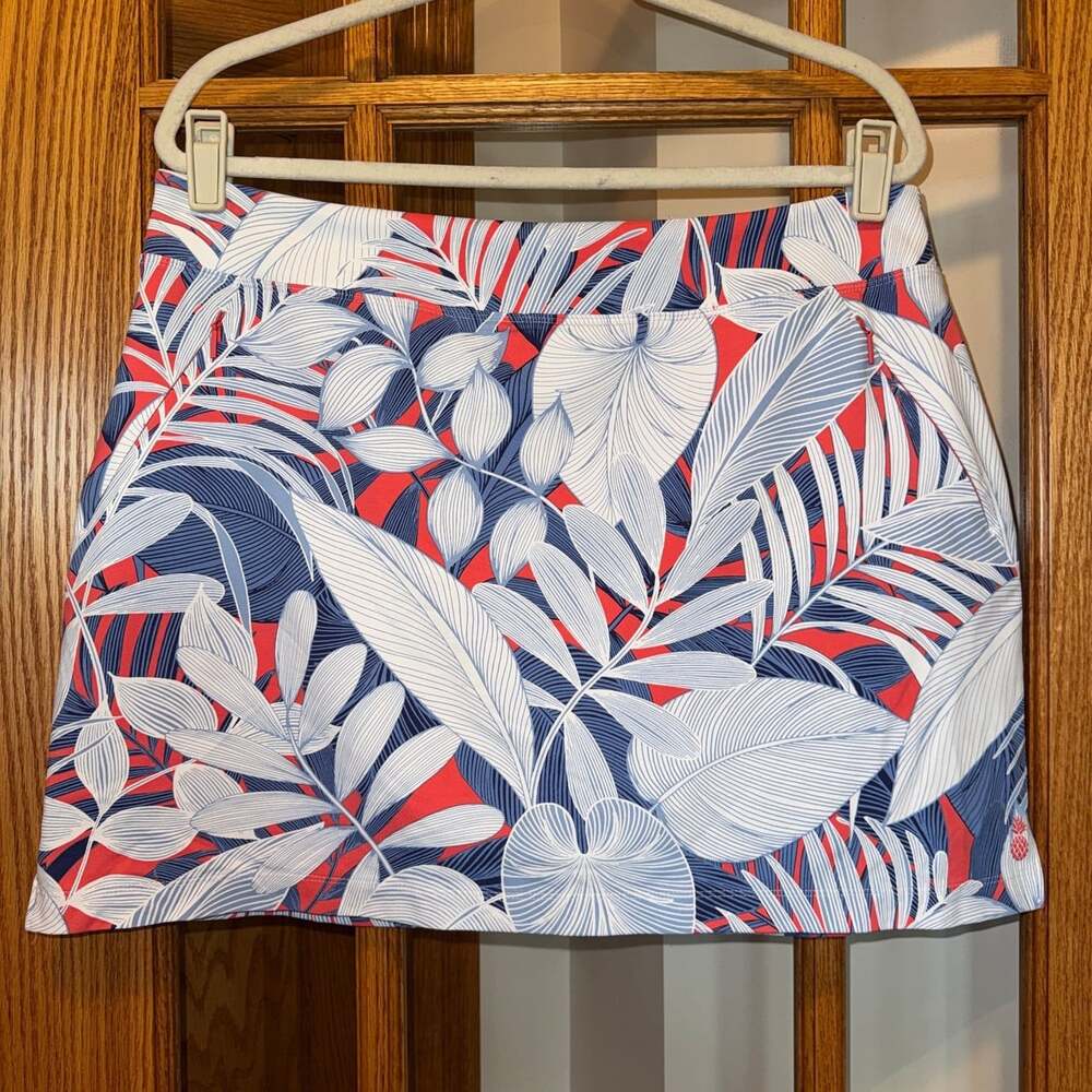EUC TOMMY BAHAMA SZ L AUBREY ISLAND ZONE SKORT SKIRT BLUE WHITE ORANGE TROPICAL